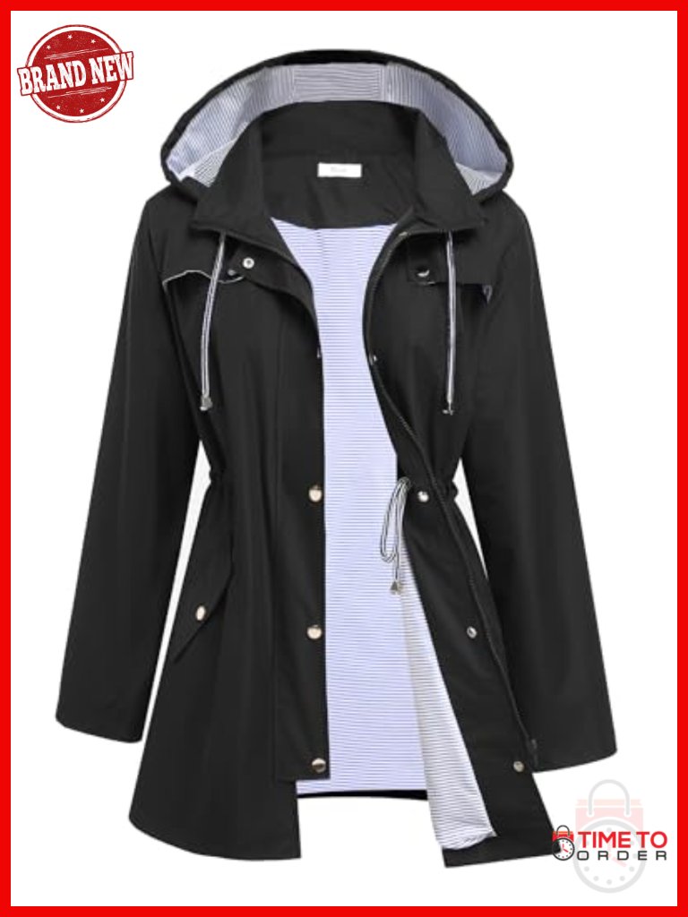 Lightweight Waterproof Rain Jacket Lined Hooded Windbreaker Trench Coat